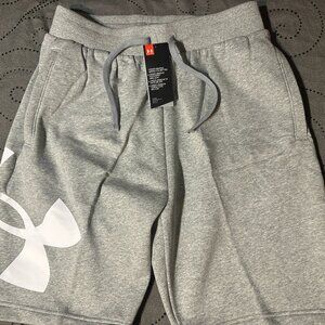 UNDER ARMOUR FLEECE LOOSE FIT GRAY & WHITE BIG LOGO RIVAL SHORTS SIZE L XL MEN $